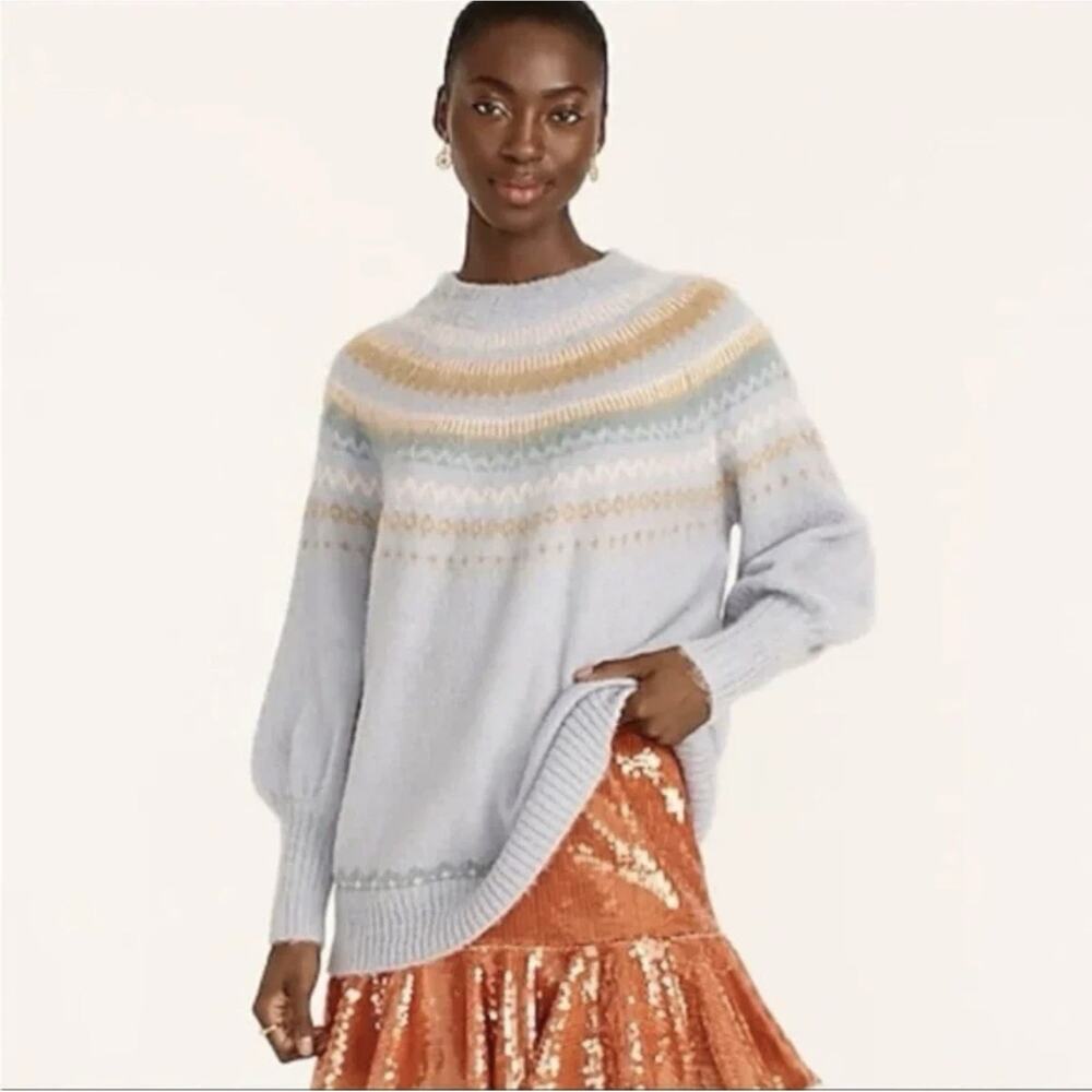 J Crew Fair Isle Yoke Puff Sleeve Sweater Blue Alpaca Wool Womens Medium